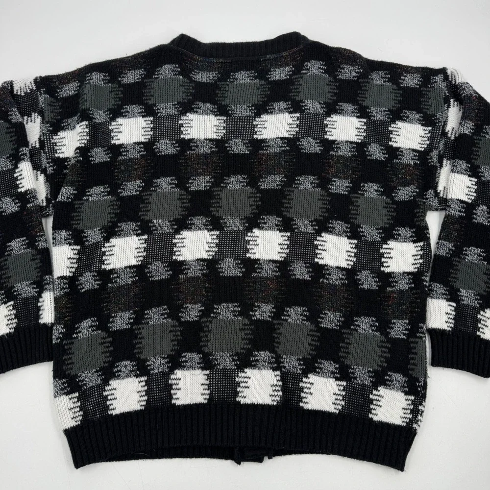 Vintage AREA Black White Gray Plaid Button V Neck Cardigan‎ Sweater Men's Large